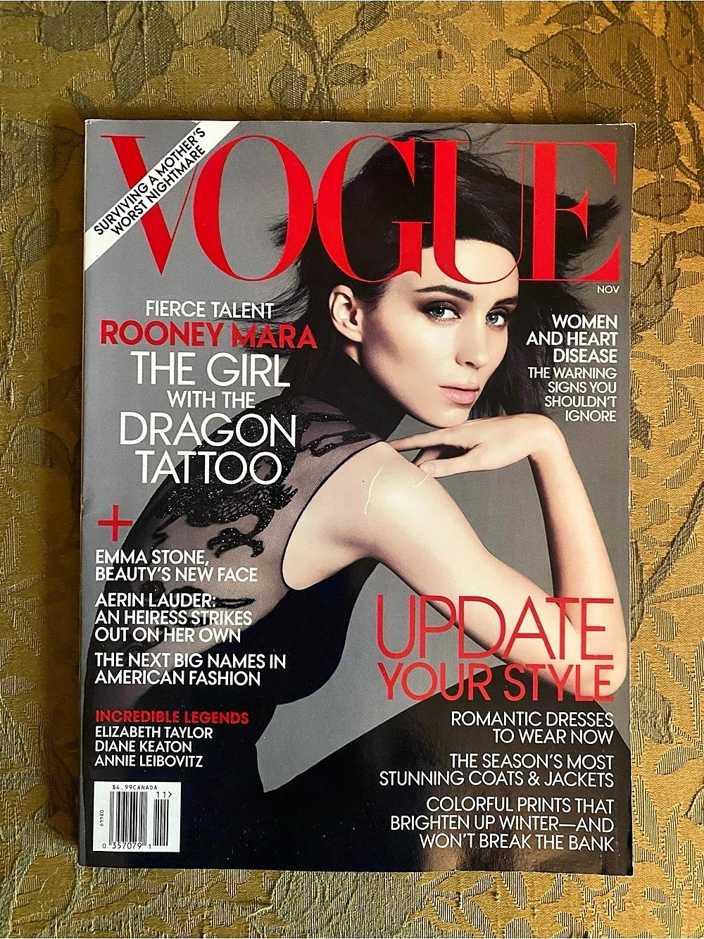 Vintage Vogue Magazine November 2011 Rooney Mara on cover.